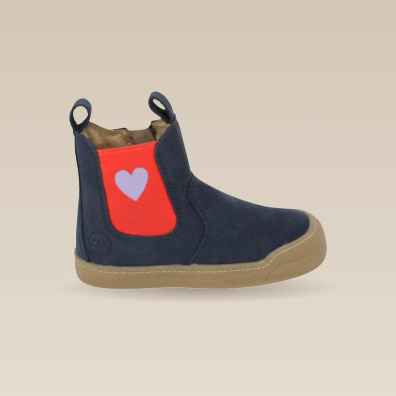 Janne Bootie in navy with a red panel and lilac heart, side view