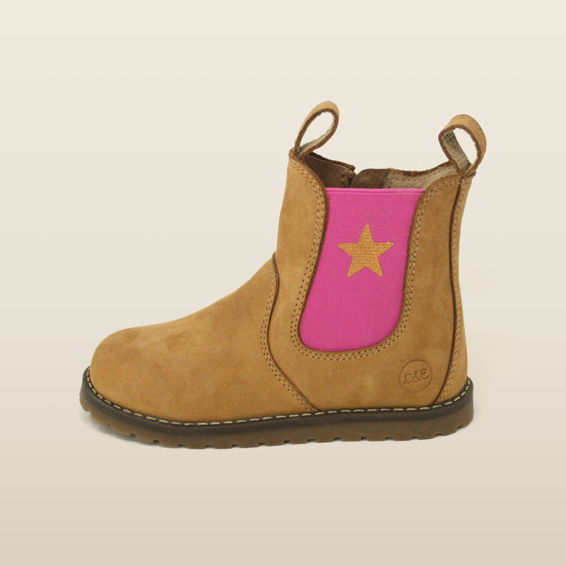 Camel winter Chelsea boot, side profile showing the pink panel with gold star