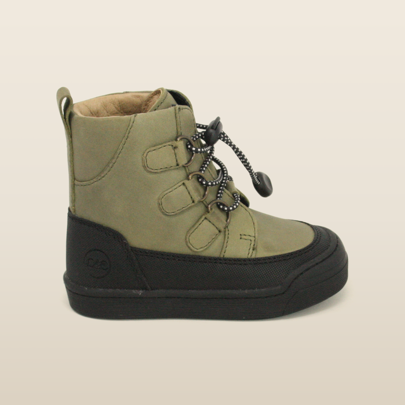 Khaki Finn boot, side profile showing the toggle lacing and rubber toe cap