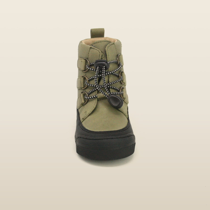 Khaki Finn boot viewed from the front