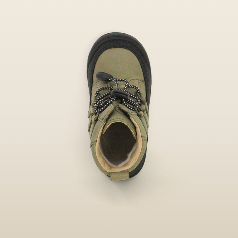 Khaki Finn boot seen from above, showing the wide opening and roomy toe box