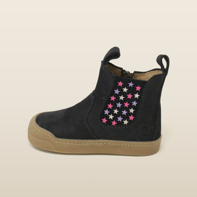 Navy winter Janne boot, side profile showing the star-print elastic panel