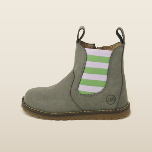 Sage Chelsea boot, side profile showing the striped elastic panel and heel pull loop