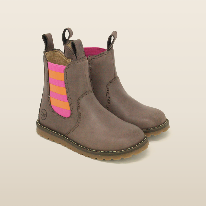 Pair of Lotta & Emil Chelsea boots in taupe leather with pink and orange striped elastic panels