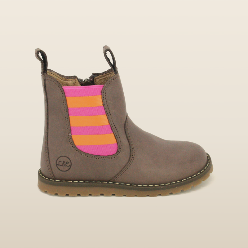 Chelsea boot pink and orange, side profile showing striped elastic panel and heel pull loop