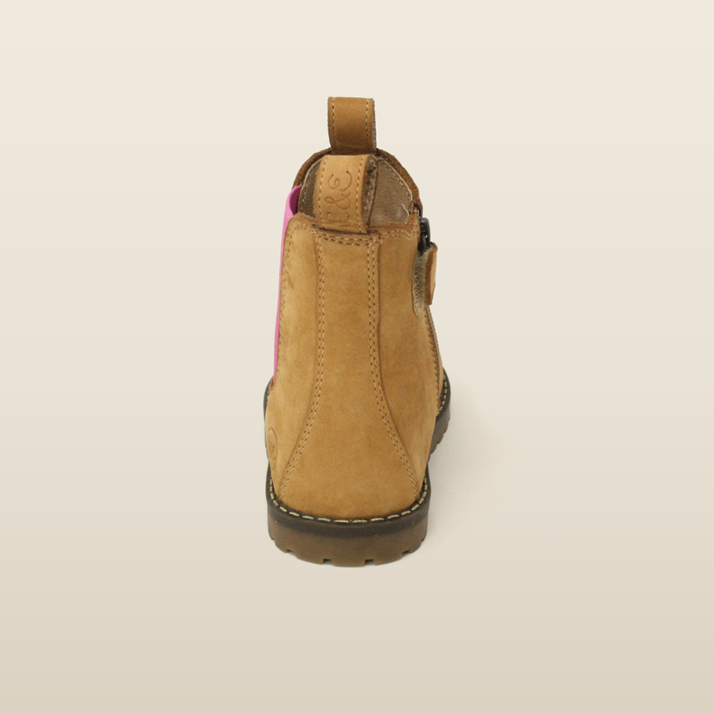 Camel winter Chelsea boot viewed from behind