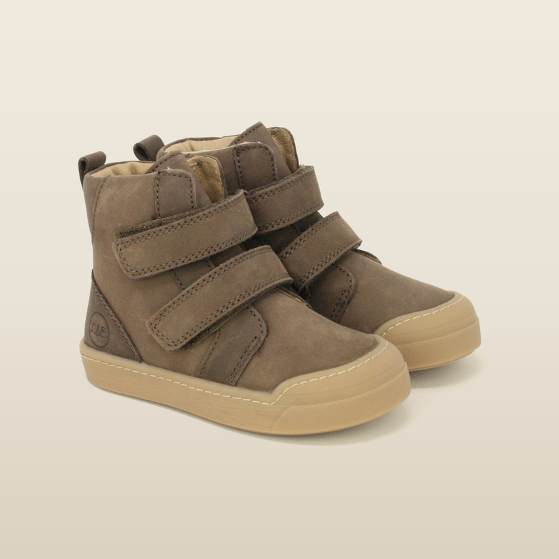 Lotta & Emil First Step boot in soft taupe leather with two velcro straps