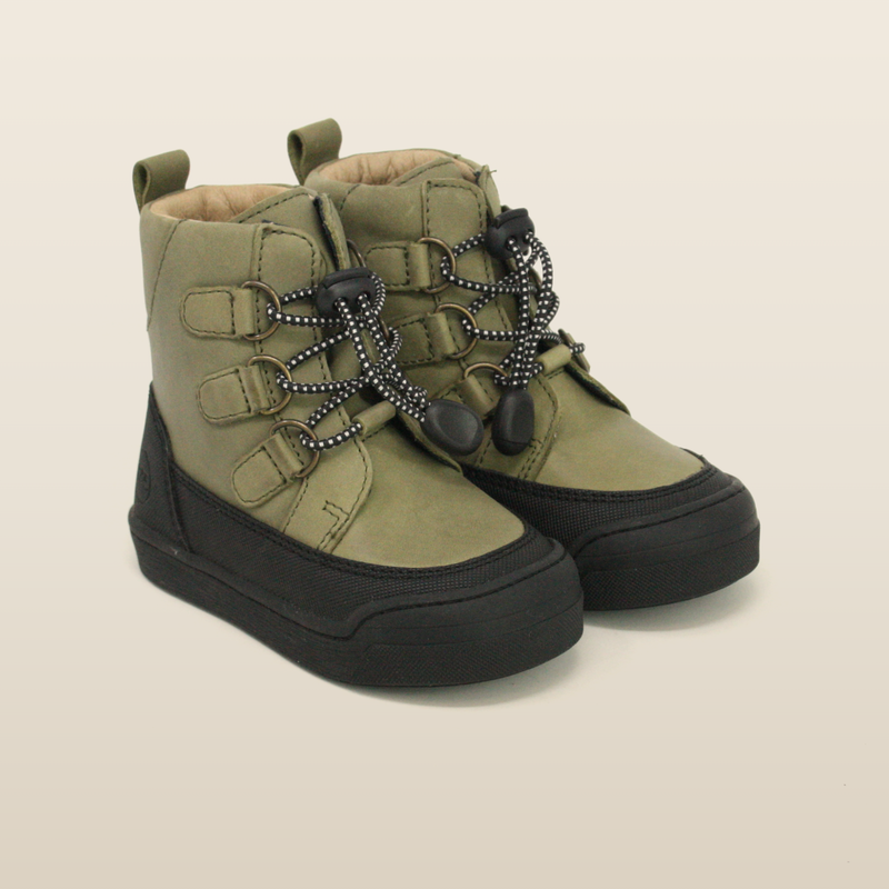 Lotta & Emil Finn boot in khaki leather with a black rubber toe cap and elastic lacing